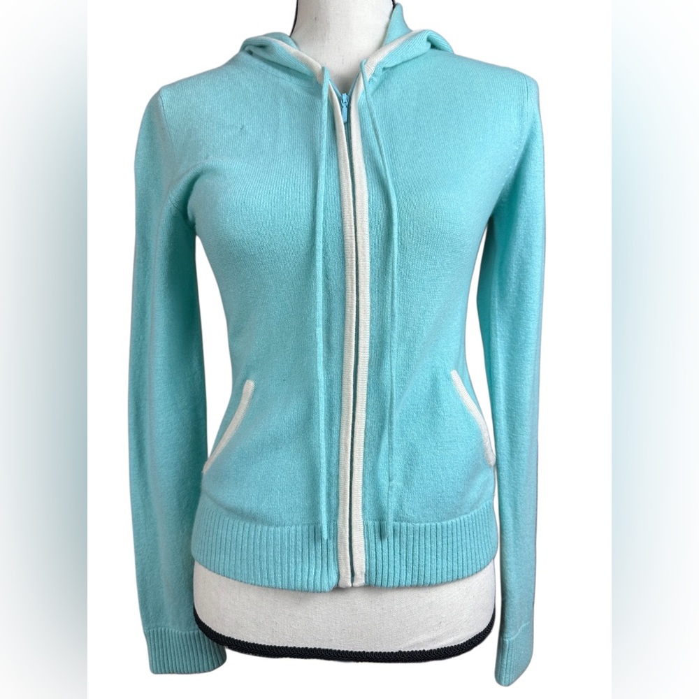 Kinross Cashmere 100% Cashmere Rib Hoodie Jacket Sweater Light Blue XS/S